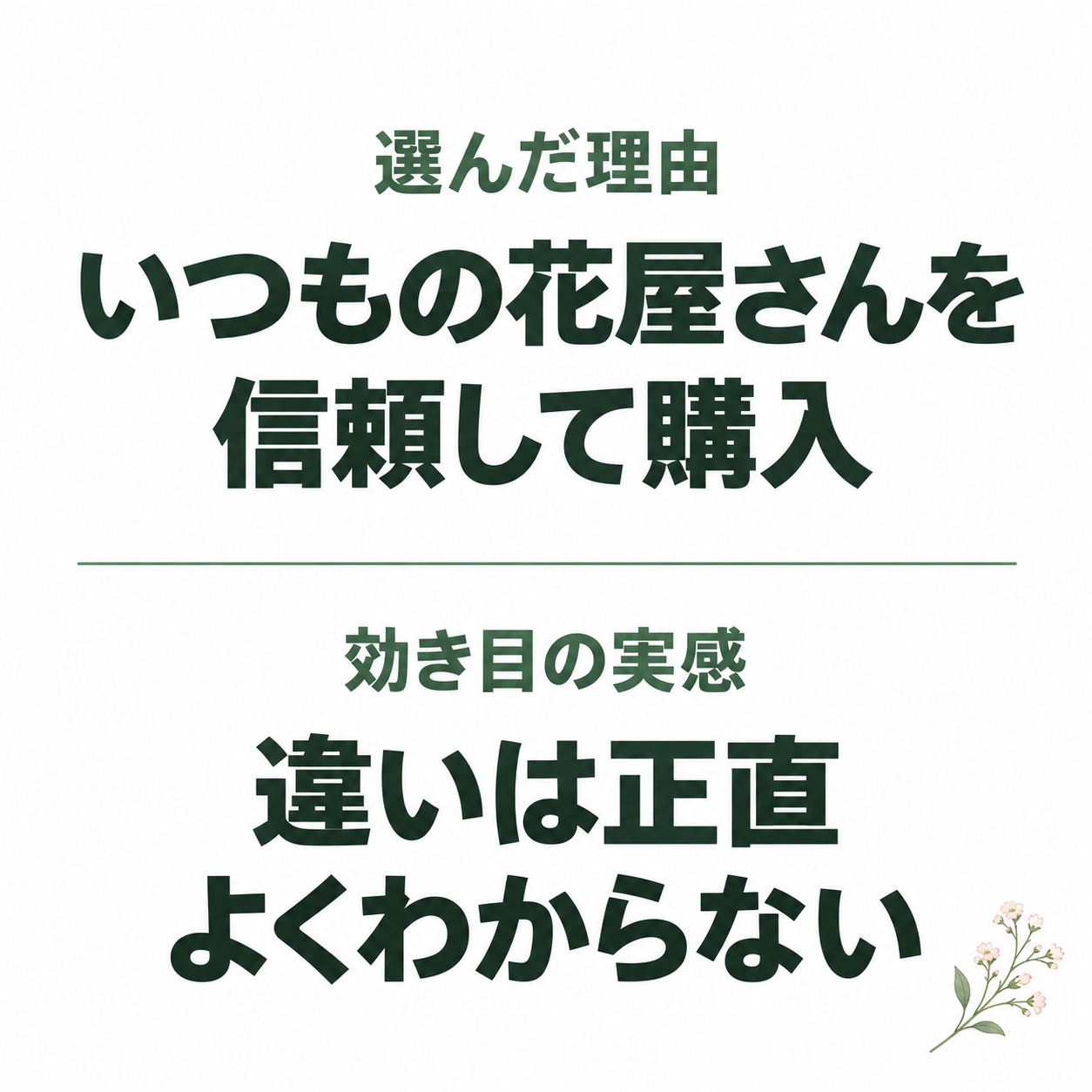普段よく買う花屋さんへの信頼で華の精を買い足したが、効き目の違いは正直よくわからないという、選んだ理由と実感の違いを示す図